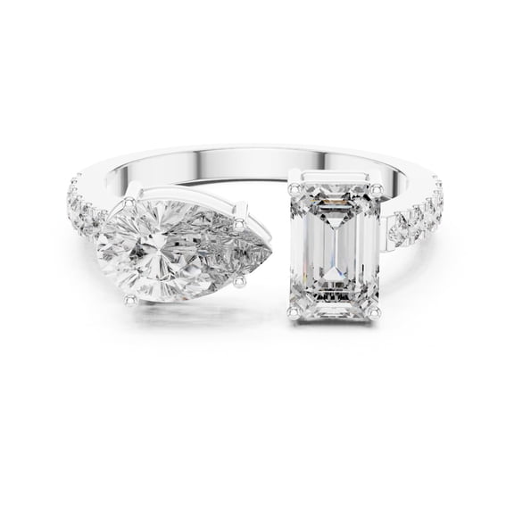 925 Sterling Silver Open Bypass Ring for Women, Emerald Cut and Pear Cut Simulated Diamond Two Stone Ring, White Gold Plated, Sizes 9