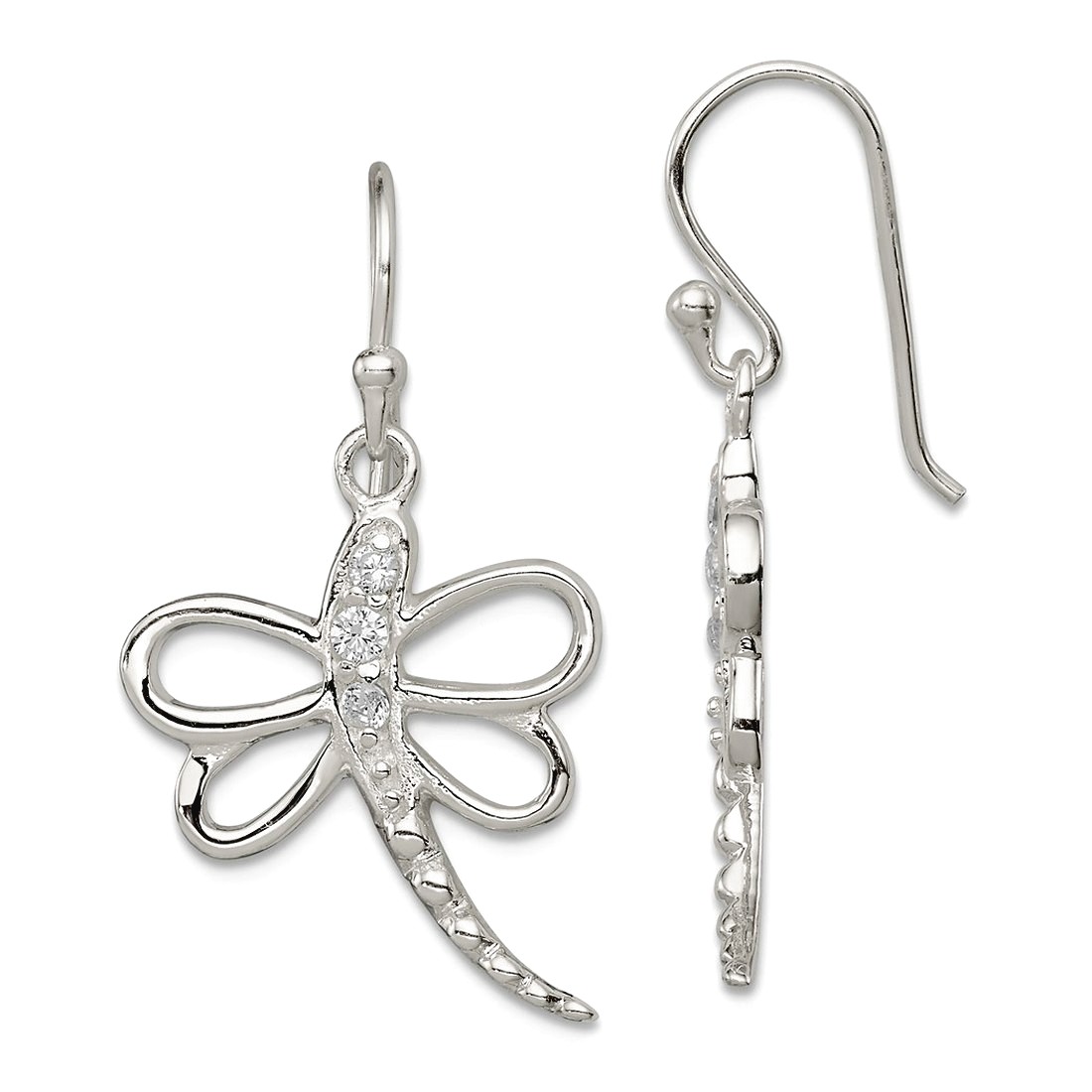 925 Sterling Silver Open Polished Cubic Zirconia Dragonfly Shepherd Hook Earrings 32x17mm Wide Dangle Earring for Women