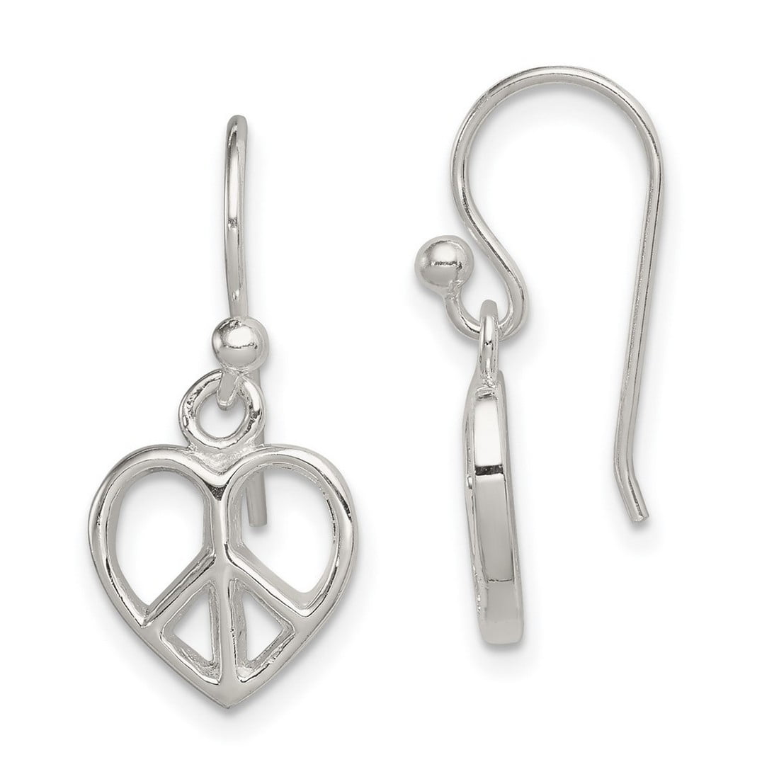 JEWELRYWEB 925 Sterling Silver Open Dangle Polished Peace Sign Love Heart Shepherd Hook Earrings 24x10mm Wide - Jewelry Gift for M