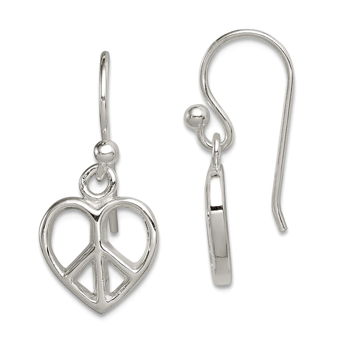 925 Sterling Silver Open Polished Peace Sign Love Heart Shepherd Hook Earrings 24x10mm Wide Dangle Earring for Women