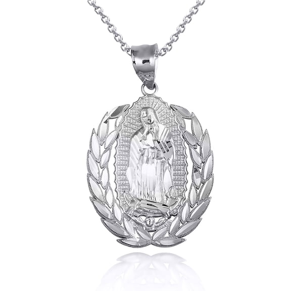 .925 Sterling Silver Our Lady Of Guadalupe Greek Laurel Wreath Frame Pendant Necklace (Pendant with 16" chain)