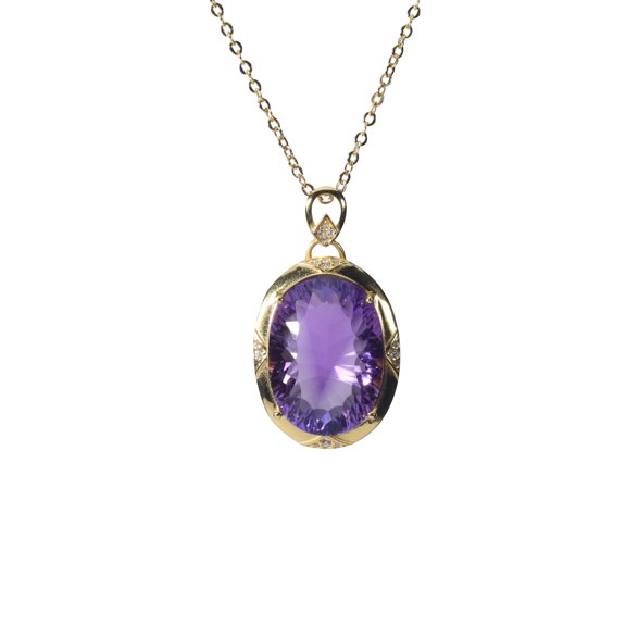 925 Sterling Silver Oval Amethyst Gold Plated Pendant Necklace, Large Purple Gemstone with CZ Accents, Elegant February Birthstone Jewelry for Women Gift