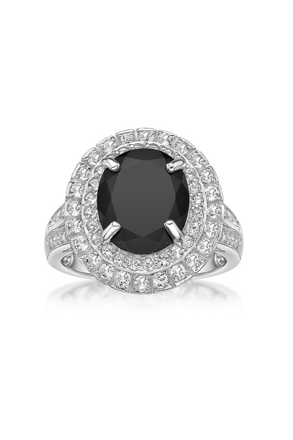 925 Sterling Silver Oval Black Onyx Ring With Created White Sapphire Rare Gift