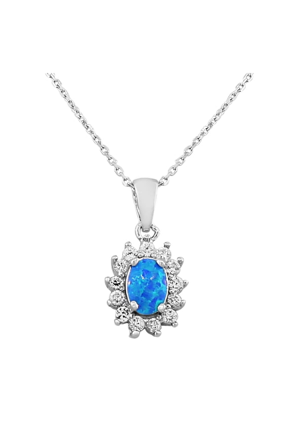 925 Sterling Silver Oval CZ Blue Turquoise-Tone Simulated Opal Pendant Necklace