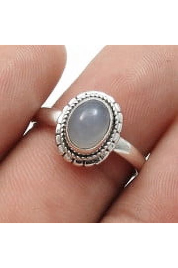925 Sterling Silver Oval Chalcedony Gemstone Promise Band Bezel Ring Jewelry Size 7