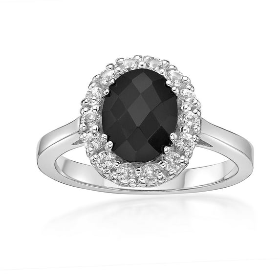 925 Sterling Silver Oval Checkerboard Black Onyx Ring w/ Created White Sapphire
