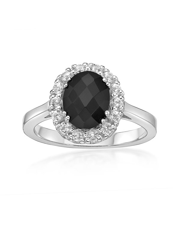 925 Sterling Silver Oval Checkerboard Black Onyx Ring w/ Created White Sapphire