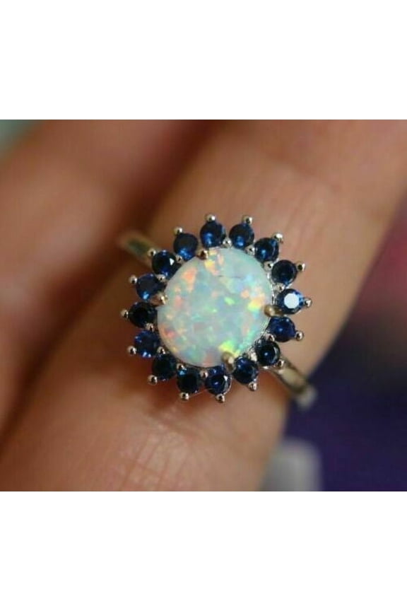 925 Sterling Silver Oval Cut Lab Created Opal Halo Women's Engagement Ring Size 9