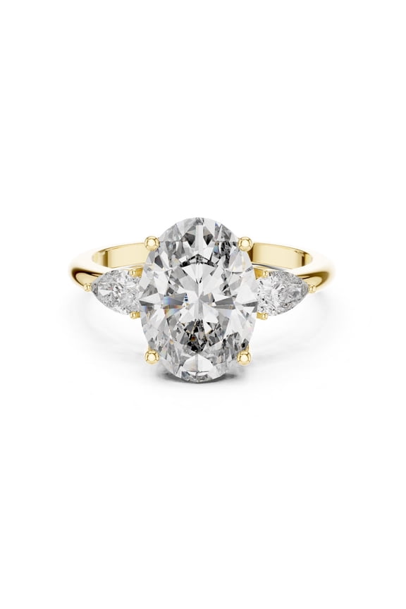 925 Sterling Silver Oval Cut Three Stone Engagement Ring for Women, Yellow Gold Plated, Simulated Diamond Center with Pear Shape Side Stones, Sizes 9