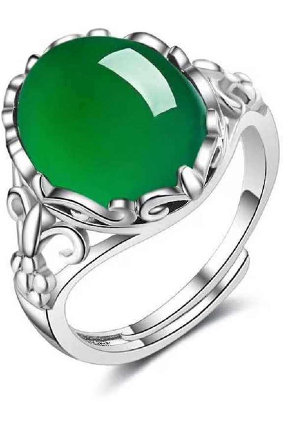 925 Sterling Silver Oval Green Agate Emerald Ring Retro Inlaid Chalcedony Engagement Ring Anniversary Ring Wedding Party Statement Cocktails Ring Hollowed Out Totem Open Ring for Woman