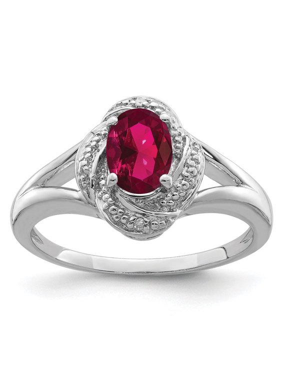 925 Sterling Silver Oval Polished Diamond and Created Ruby Ring Size 10 Measures 2mm Wide Jewelry for Women