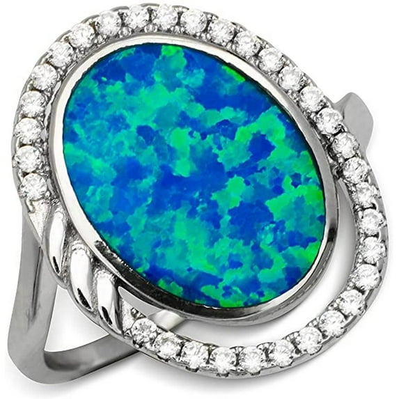 925 Sterling Silver Oval Simulated Blue Opal and Cubic Zirconia Cocktail Ring Size 7 Ring for Women