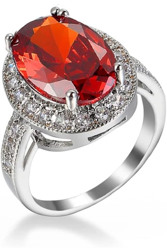 925 Sterling Silver Oval Simulated Ruby and Cubic Zirconia Round Halo Ring Cocktail Engagement Ring for Women Luxury Diamond Wedding Proposal Ring