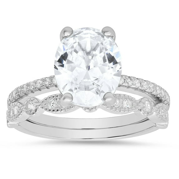 925 Sterling Silver Oval-cut Diamond CZ 2pc Stackable Ring Set