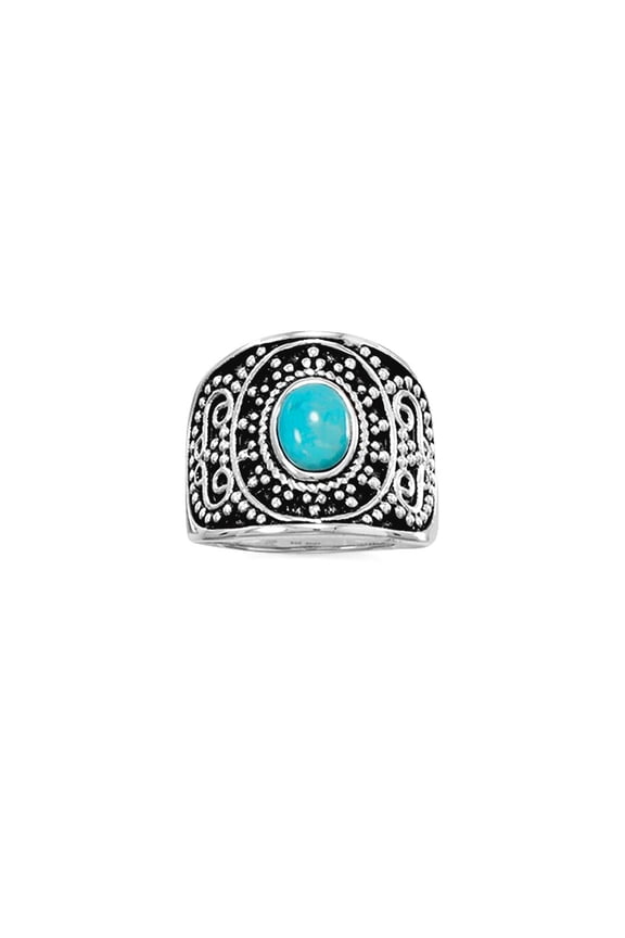 925 Sterling Silver Oxidized Beaded Design Simulated Turquoise Ring Tiny Bead Embellished Size 7 Ring for Women