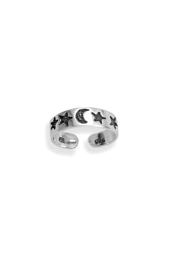 925 Sterling Silver Oxidized Celestial Moon and Stars toe ring Adjustable Star Design is 4.8mm Wide toe ring for Women