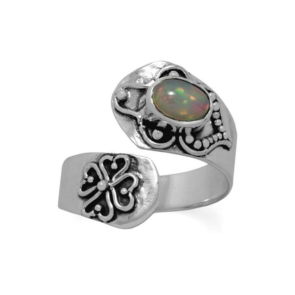 925 Sterling Silver Oxidized Ethiopian Opal Wrap Ring Spoon 5mm X 7mm White Size 6 Ring for Women