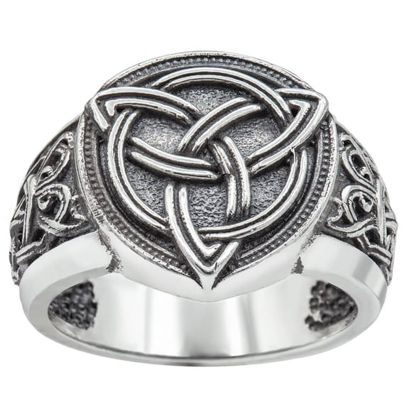 .925 Sterling Silver Oxidized Irish Celtic Trinity Knot Triquetra Signet Ring (13)
