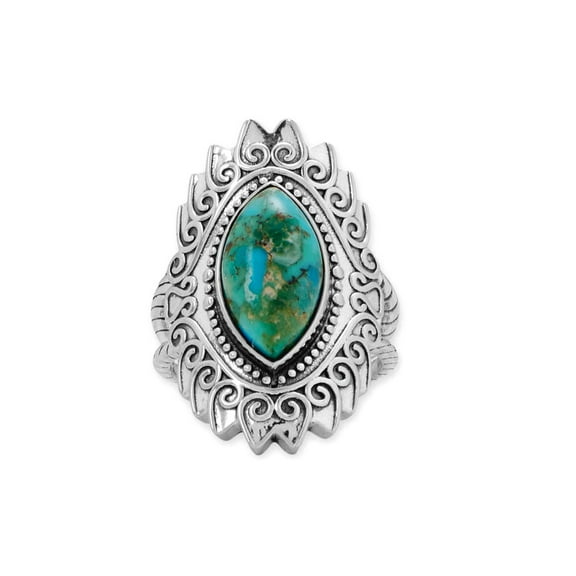 925 Sterling Silver Oxidized Marquise Dot and Swirl Design Turquoise Ring Grand Beaded Edge 15mm X 8mm Simulated Size 6