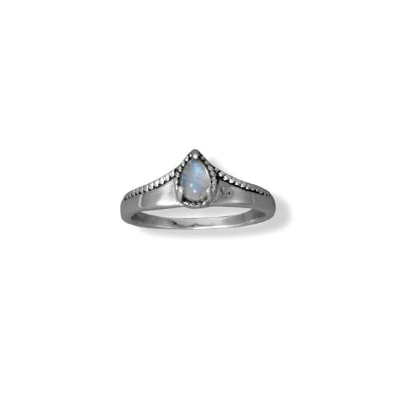 925 Sterling Silver Oxidized Pear Rainbow Celestial Moonstone Bead Edge Ring 6mm X 4mm Shaped Size 8 Ring for Women