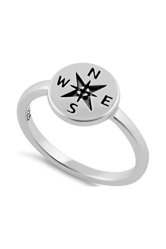 925 Sterling Silver Oxidized Platinum Plated Compass Women Valentines Day Gifts Ring