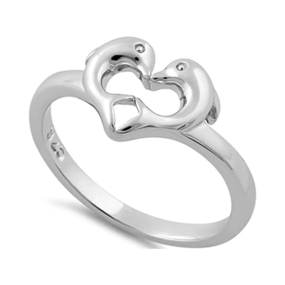 925 Sterling Silver Oxidized Platinum Plated Dolphins Heart Women Valentines Day Gifts Ring
