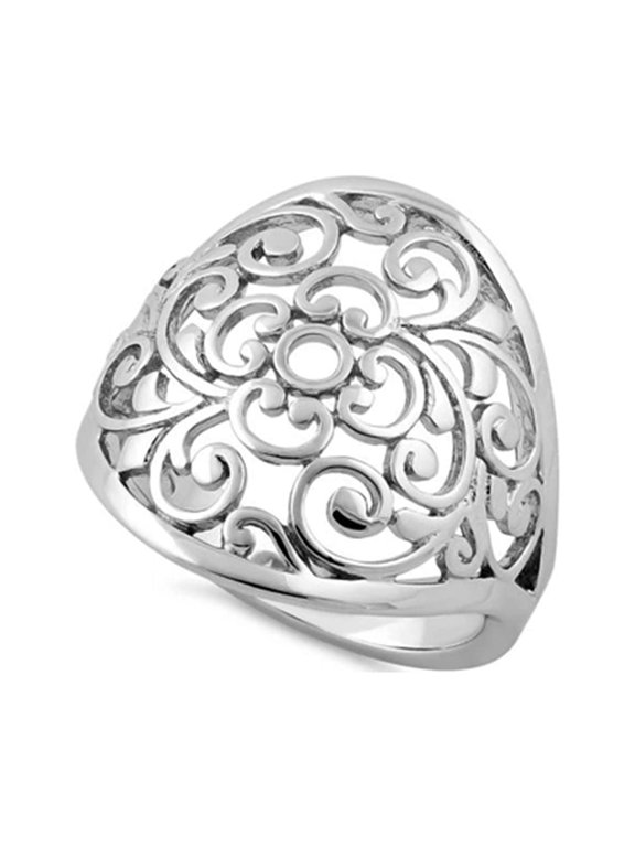 925 Sterling Silver Oxidized Platinum Plated Filigree Flower Caged Women Valentines Day Gifts Ring