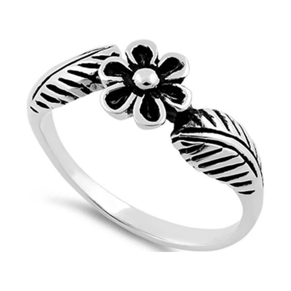 925 Sterling Silver Oxidized Platinum Plated Flower Leaf Women Valentines Day Gifts Ring