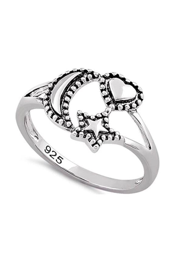 925 Sterling Silver Oxidized Platinum Plated Moon Star Heart Women Valentines Day Gifts Ring