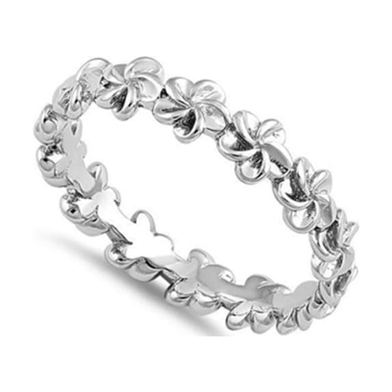 925 Sterling Silver Oxidized Platinum Plated Plumeria Eternity Band Women Valentines Day Gifts Ring