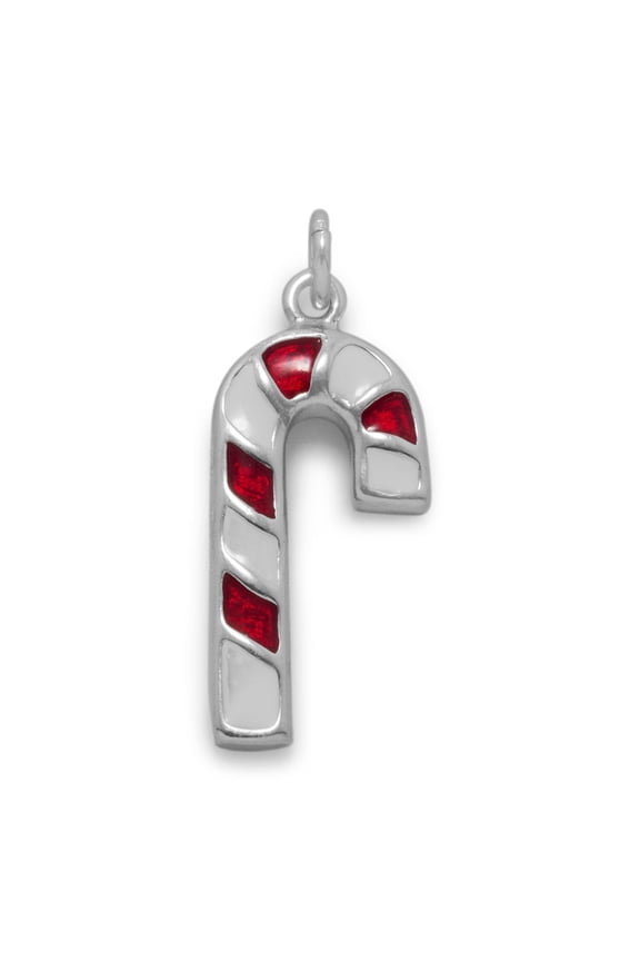 .925 Sterling Silver Oxidized Red and White Enamel Candy Cane Charm