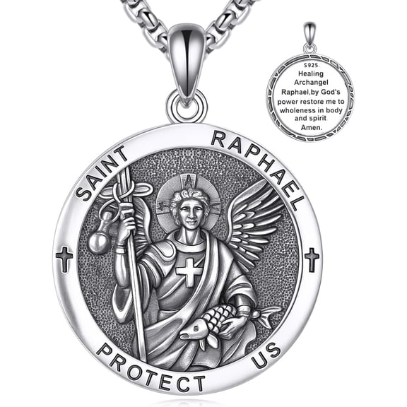 925 Sterling Silver Patron Saint Medal Necklace Amulet Pendant with 22+2 Inches Chain Protection Jewelry Gift for Men and Women(with Gift Box)