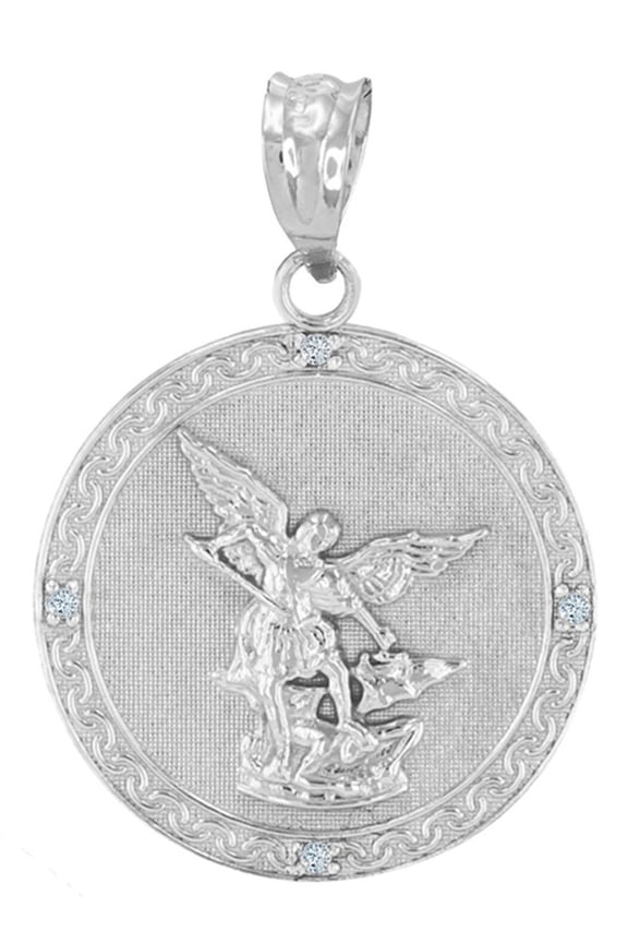 .925 Sterling Silver Patron Saint Michael Archangel Cubic Zirconia Medallion Pendant Necklace (Pendant Only)