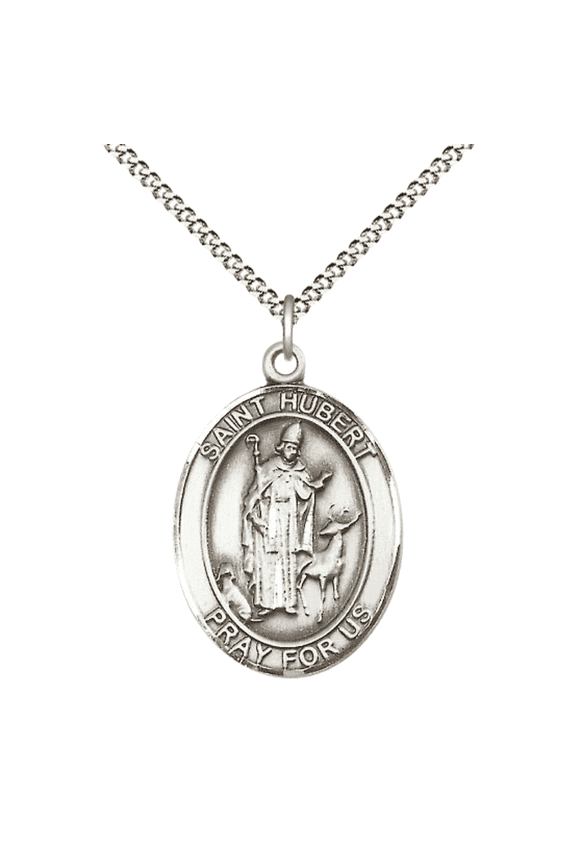 .925 Sterling Silver Patron Saint St. Hubert of Liege Medal Pendant with 18" Rhodium Plated Lite Curb Brass Chain Catholic Religious Necklace - Made in USA,Deluxe Velvet Gift Box