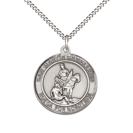 .925 Sterling Silver Patron Saint St. Martin of Tours Medal Pendant with 18" Rhodium Plated Lite Curb Brass Chain Catholic Religious Necklace - Made in USA, Deluxe Velvet Gift Box