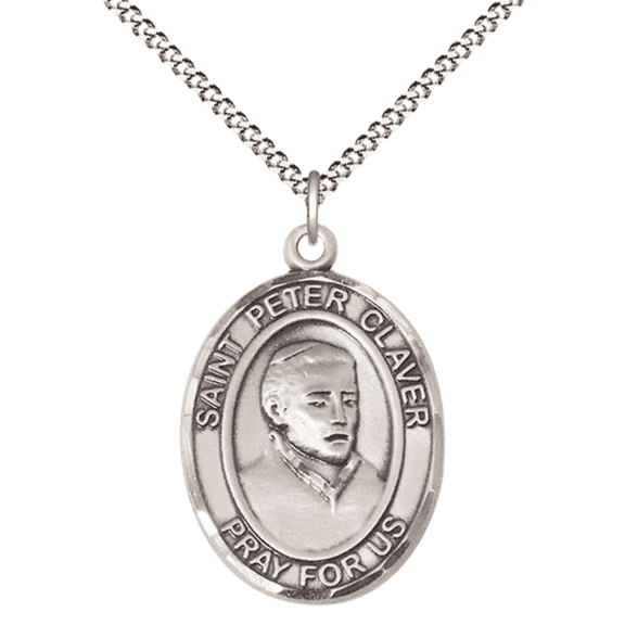 .925 Sterling Silver Patron Saint St. Peter Claver Medal Pendant with 18" Rhodium Plated Lite Curb Brass Chain Catholic Religious Necklace - Made in USA,Deluxe Velvet Gift Box