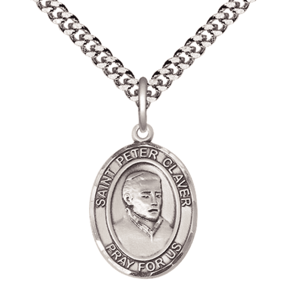 .925 Sterling Silver Patron Saint St. Peter Claver Medal Pendant with 24" Rhodium Plated Heavy Curb Chain Catholic Religious Necklace - Made in USA,Deluxe Velvet Gift Box