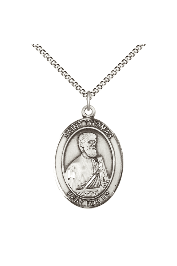 .925 Sterling Silver Patron Saint St. Thomas the Apostle Medal Pendant with 18" Rhodium Plated Lite Curb Brass Chain Catholic Religious Necklace - Made in USA,Deluxe Velvet Gift Box