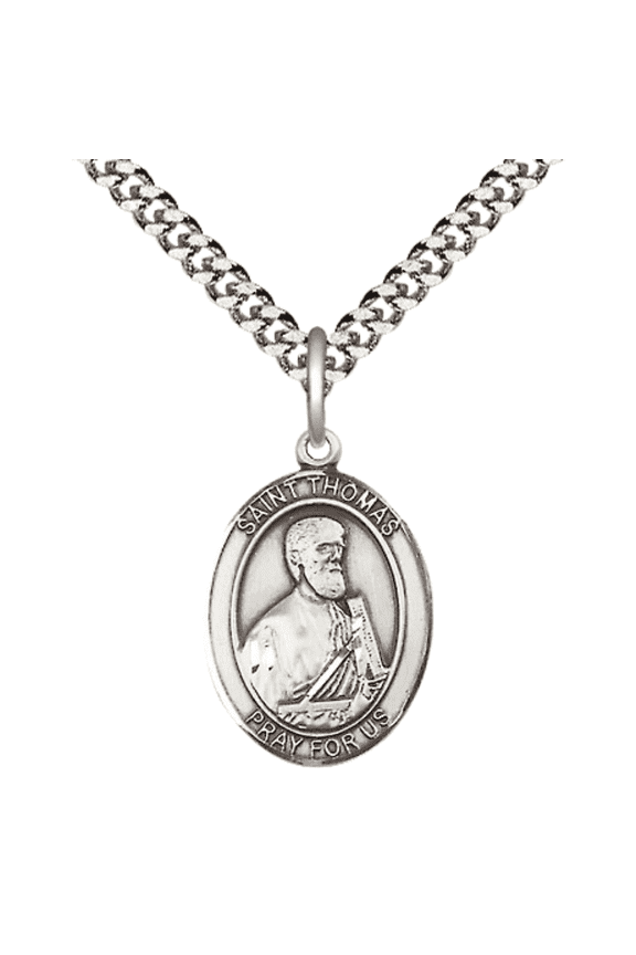 .925 Sterling Silver Patron Saint St. Thomas the Apostle Medal Pendant with 24" Rhodium Plated Heavy Curb Chain Catholic Religious Necklace - Made in USA,Deluxe Velvet Gift Box
