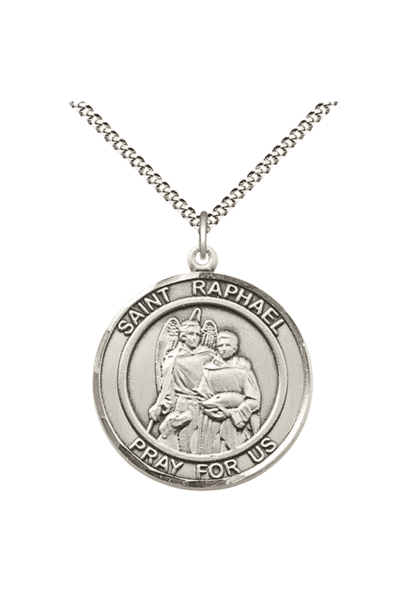 .925 Sterling Silver Patron St. Saint Raphael the Archangel Medal Pendant with 18" Rhodium Plated Lite Curb Brass Chain Catholic Religious Necklace - Made in USA,Deluxe Velvet Gift Box