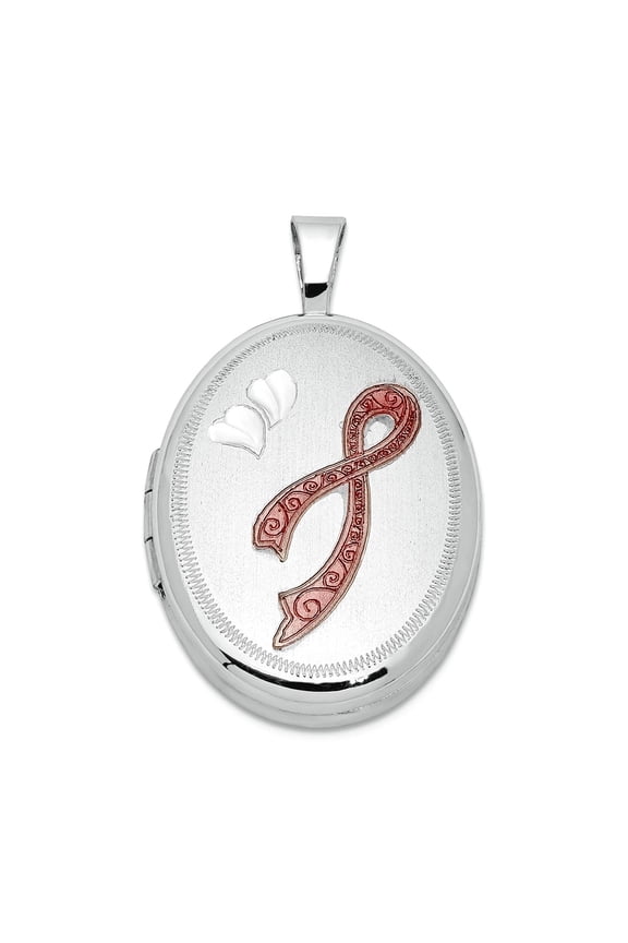 925 Sterling Silver Patterned Holds 2 photos Polished and satin With Enamel Pink Ribbon 19mm Oval Locket Locket Necklace