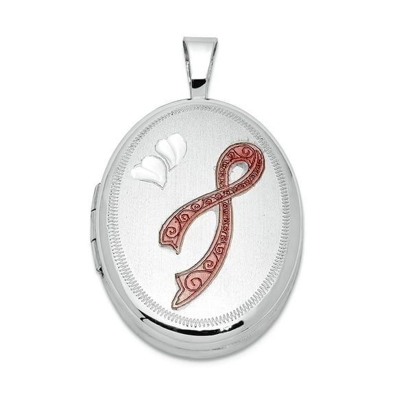925 Sterling Silver Patterned Holds 2 photos Polished and satin With Enamel Pink Ribbon 19mm Oval Locket Locket Necklace