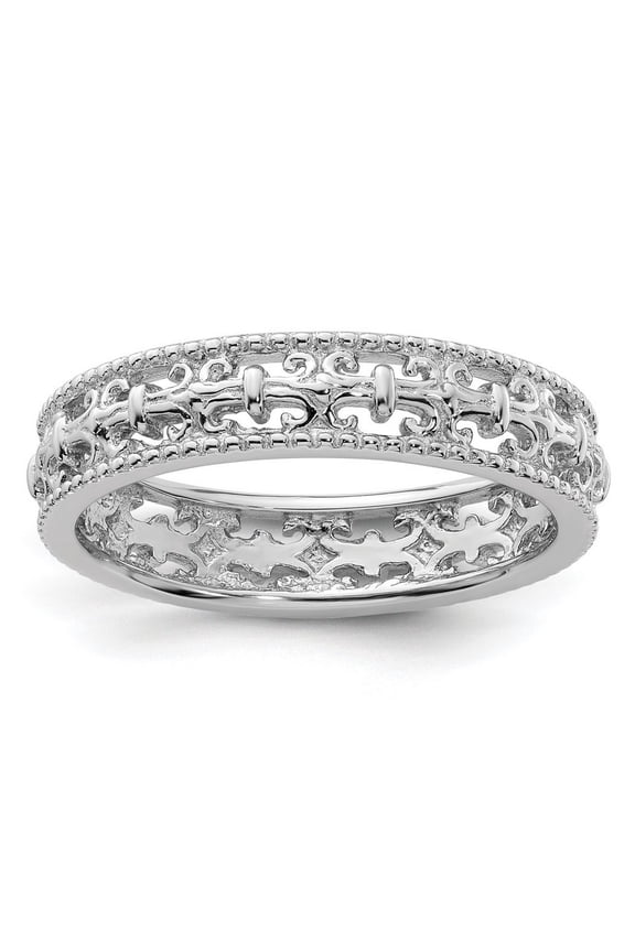925 Sterling Silver Patterned Stackable Expressions Polished Fleur De Lis Ring Size 9 - Stackable Ring for Women