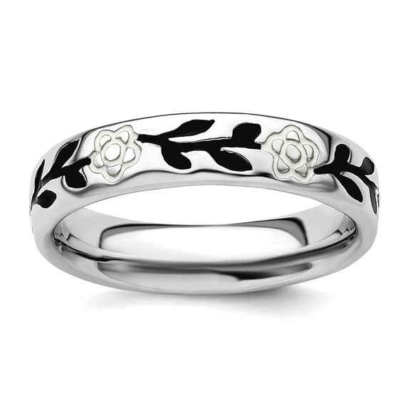 925 Sterling Silver Patterned White Enamel Stackable Polished Enameled Flower Ring Size 9 Stackable Ring for Women