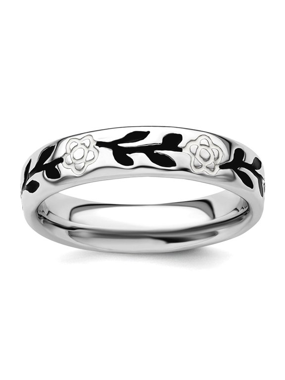 925 Sterling Silver Patterned White Enamel Stackable Polished Enameled Flower Ring Size 9 Stackable Ring for Women