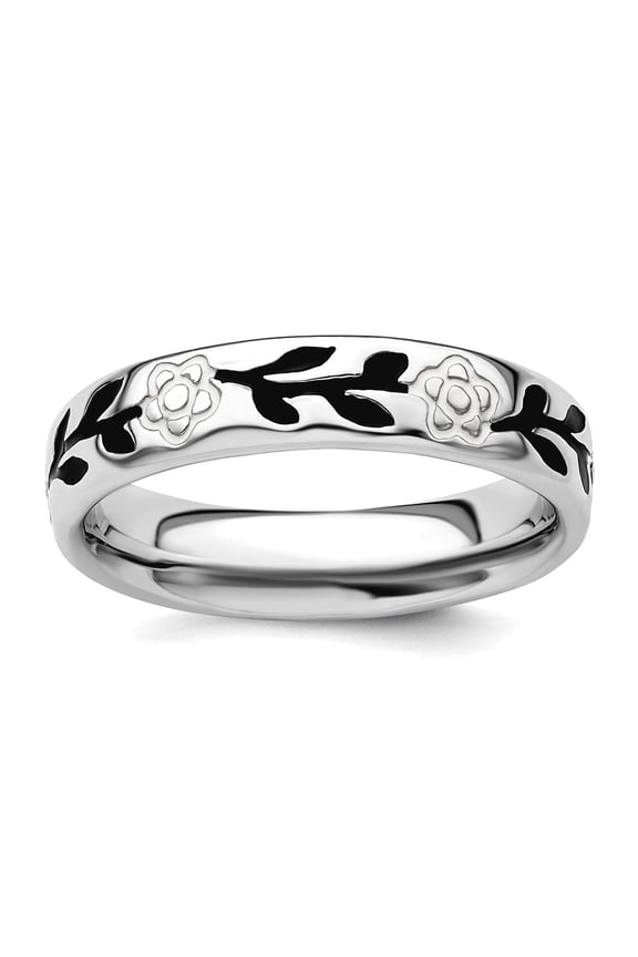 925 Sterling Silver Patterned White Enamel Stackable Polished Enameled Flower Ring Size 9 Stackable Ring for Women