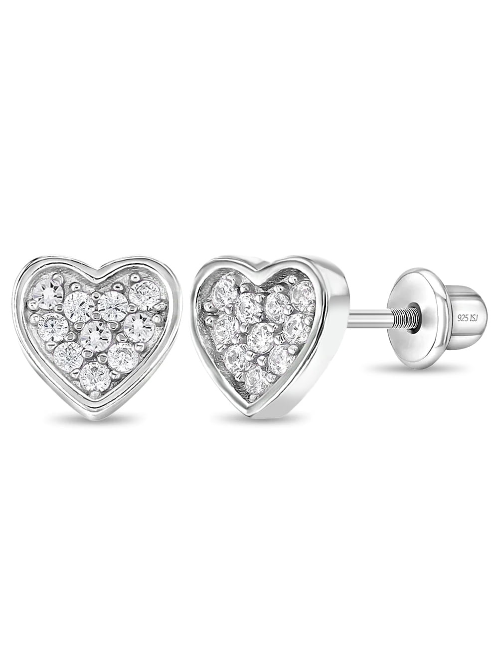 925 Sterling Silver Pave CZ Heart Screw Back Earrings Babies Infants Girls