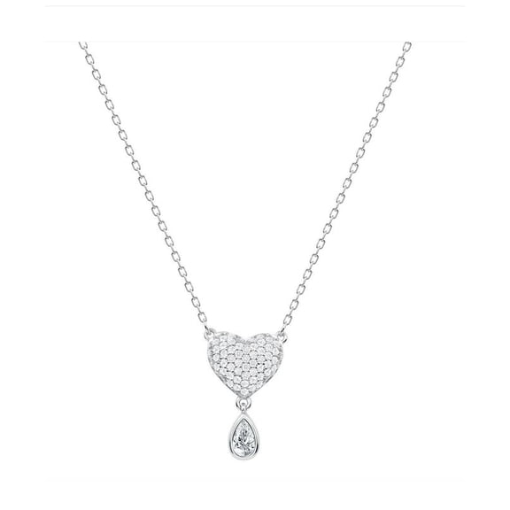 925 Sterling Silver Pave Cubic Zirconia CZ Heart Shape Pendant Necklace Rhodium Plated 16" + 2" for Women, Italy