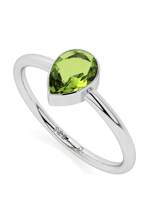 925 Sterling Silver Pear 1 Ctw Green Peridot Gemstone Minimalist Women Christmas Gift Stackable Ring