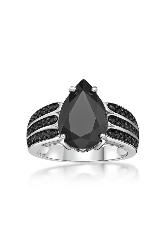 925 Sterling Silver Pear Black Onyx Ring With Black Spinel Accent Fine Jewelry
